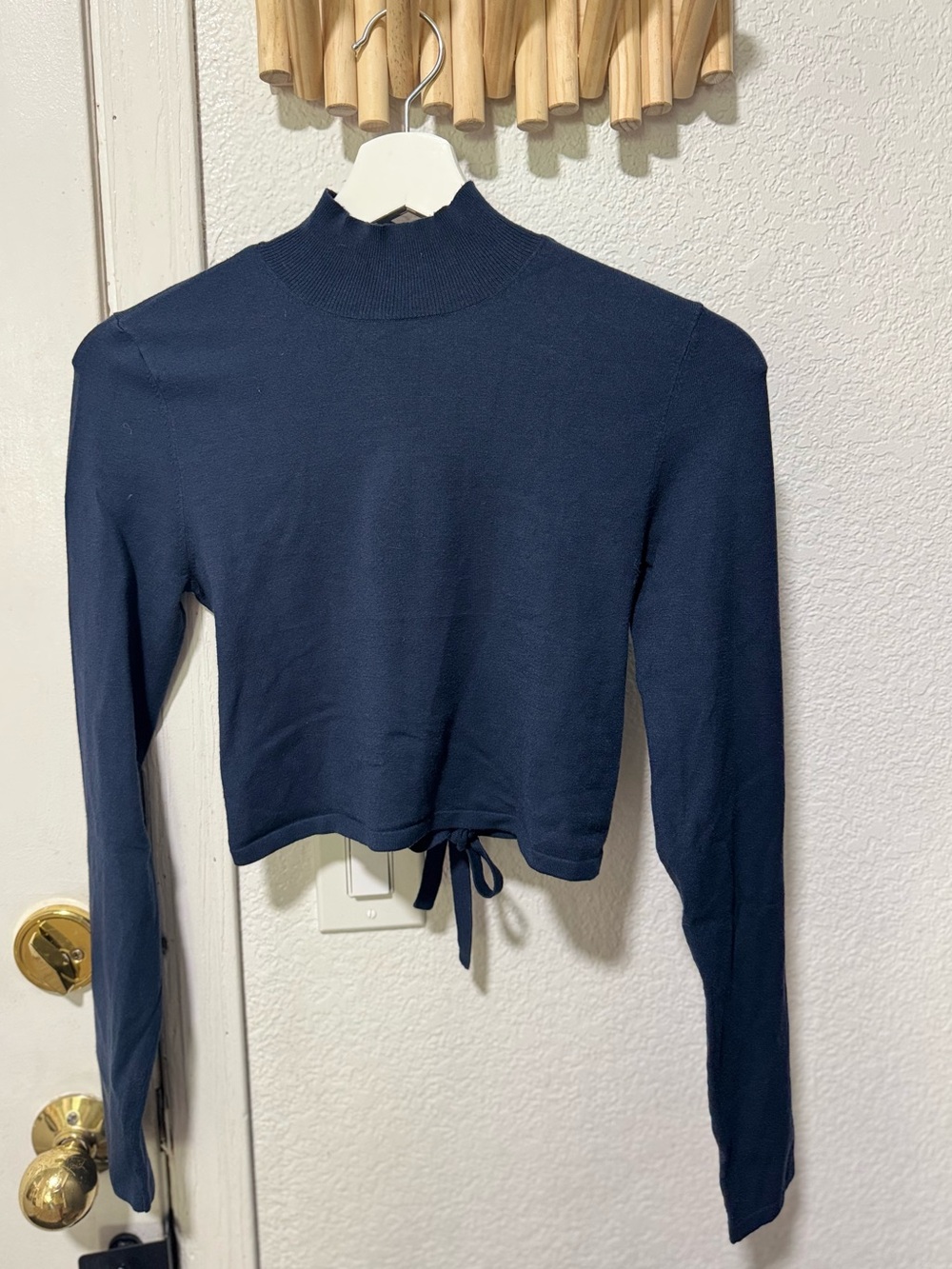 Aritzia Sunday Best Navy Mock Neck Tie-Front Crop Sweater